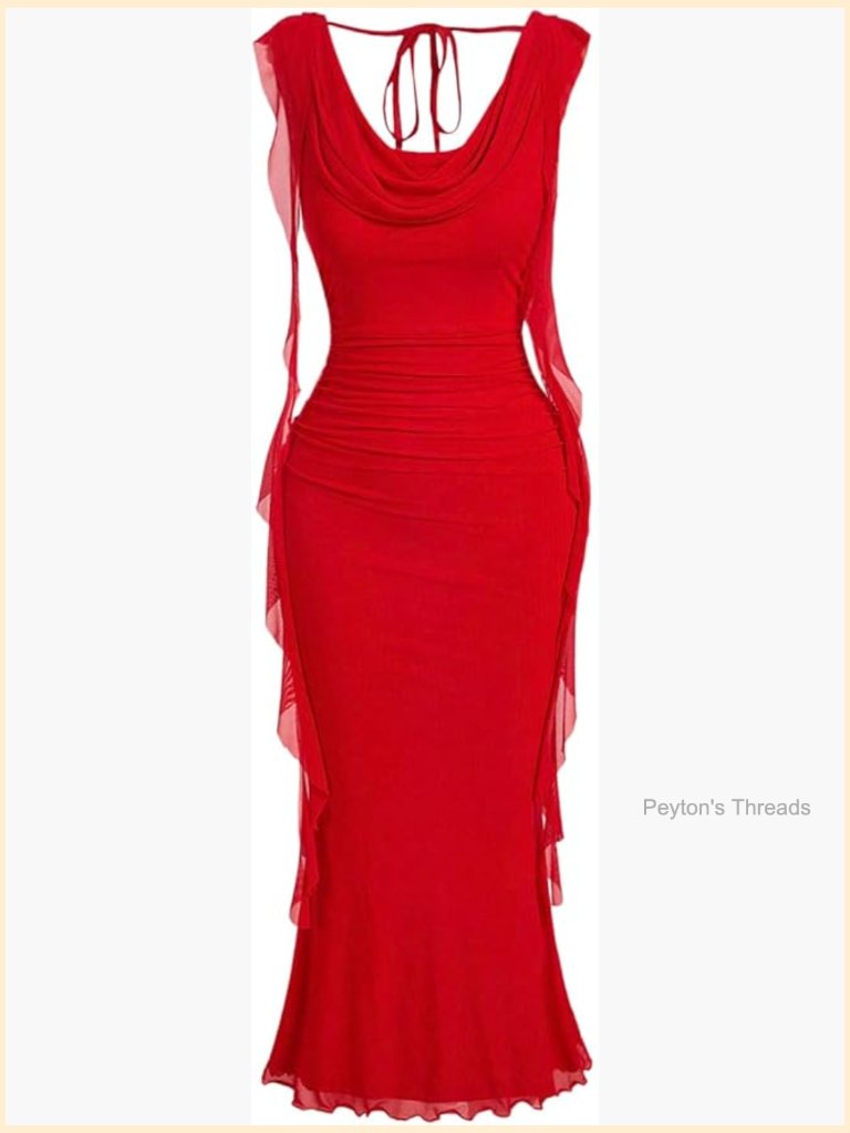 Cowl Neck Midi Dress Ruffle Open Back Fishtail Cocktail Party Sun Dress